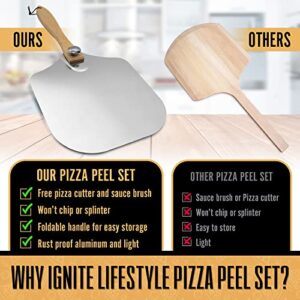 Ignite Lifestyle Pizza Peel Set - Pizza Spatula 12"x14" + Pizza Rocker Cutter + Pastry Brush - Aluminum Metal Pizza Peel 12 Inch w/Foldable Wood Handle for Easy Storage-Homemade for Pizza/Baking/Bread