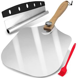 Ignite Lifestyle Pizza Peel Set - Pizza Spatula 12"x14" + Pizza Rocker Cutter + Pastry Brush - Aluminum Metal Pizza Peel 12 Inch w/Foldable Wood Handle for Easy Storage-Homemade for Pizza/Baking/Bread