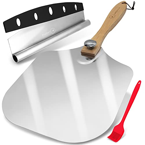 Ignite Lifestyle Pizza Peel Set - Pizza Spatula 12"x14" + Pizza Rocker Cutter + Pastry Brush - Aluminum Metal Pizza Peel 12 Inch w/Foldable Wood Handle for Easy Storage-Homemade for Pizza/Baking/Bread