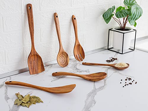 Zulay Kitchen 6 Piece Wooden Spoons for Cooking - Smooth Finish Teak Wooden Utensils for Cooking - Soft Comfortable Grip Wood Spoons for Cooking - Non-Stick Wooden Cooking Utensils - Wooden Spoon Sets