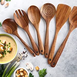 Zulay Kitchen 6 Piece Wooden Spoons for Cooking - Smooth Finish Teak Wooden Utensils for Cooking - Soft Comfortable Grip Wood Spoons for Cooking - Non-Stick Wooden Cooking Utensils - Wooden Spoon Sets