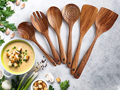 Zulay Kitchen 6 Piece Wooden Spoons for Cooking - Smooth Finish Teak Wooden Utensils for Cooking - Soft Comfortable Grip Wood Spoons for Cooking - Non-Stick Wooden Cooking Utensils - Wooden Spoon Sets