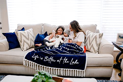 Pavilion - Life is Better at The Lake 50" x 60" Luxury Sherpa Tassel Raised Text Throw Blanket Housewarming Apartment Warming Cottage Lakehouse Gift - Threaded Together