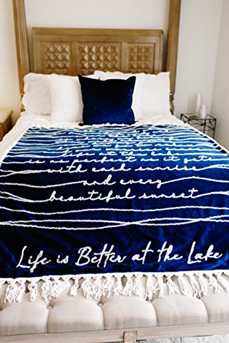 Pavilion - Life is Better at The Lake 50" x 60" Luxury Sherpa Tassel Raised Text Throw Blanket Housewarming Apartment Warming Cottage Lakehouse Gift - Threaded Together