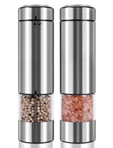 imgresire electric salt and pepper grinder set battery operated| stainless steel auto pepper mill grinder refillable| one hand operation| led light| adjustable coarseness| 2 pack
