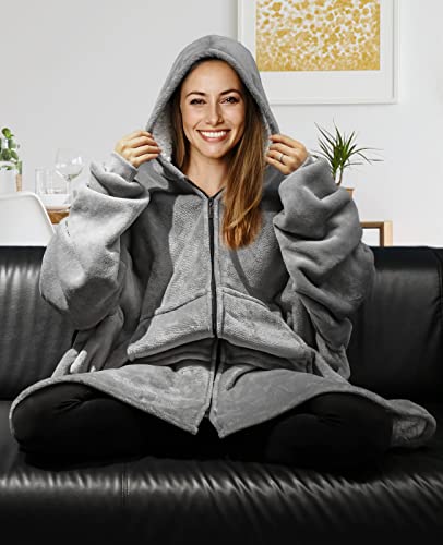 Wearable Blanket Hoodie for Women Men, Blanket Hoodie with Zip and Big Pockets, Oversized Sweatshirt Adult, One Size Fits All