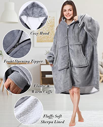 Wearable Blanket Hoodie for Women Men, Blanket Hoodie with Zip and Big Pockets, Oversized Sweatshirt Adult, One Size Fits All