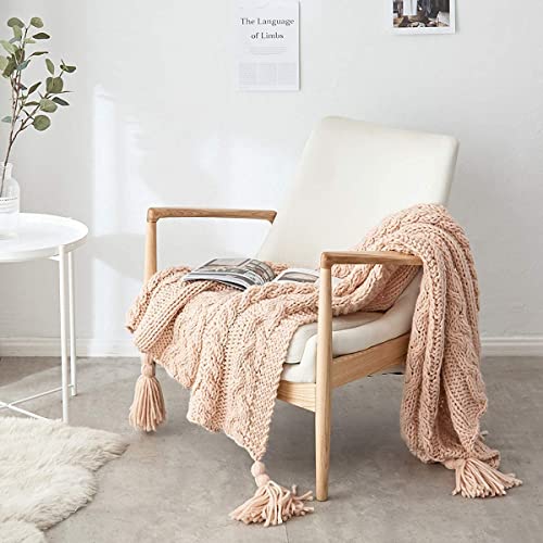 Pink Acrylic Knit Boho Throw Blanket with Tassels (51x63 inch) MH MYLUNE HOME Handmade Farmhouse Cozy Decorative Blanket for Couch, Bed, Sofa