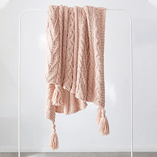 Pink Acrylic Knit Boho Throw Blanket with Tassels (51x63 inch) MH MYLUNE HOME Handmade Farmhouse Cozy Decorative Blanket for Couch, Bed, Sofa