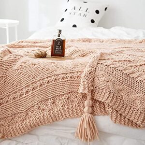 Pink Acrylic Knit Boho Throw Blanket with Tassels (51x63 inch) MH MYLUNE HOME Handmade Farmhouse Cozy Decorative Blanket for Couch, Bed, Sofa