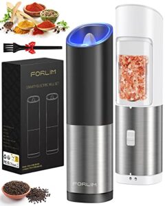 forlim gravity electric salt and pepper grinder set battery operated, adjustable coarseness, blue led light, one hand automatic operation, stainless steel classic black & white, 2 mills