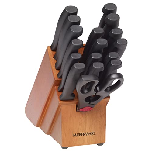 Farberware Never Needs Sharpening High-Carbon Stainless Steel Knife Block Set with Non-Slip Handles, 18 Piece, Black