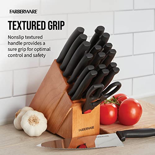 Farberware Never Needs Sharpening High-Carbon Stainless Steel Knife Block Set with Non-Slip Handles, 18 Piece, Black