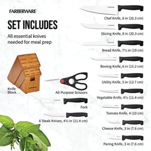 Farberware Never Needs Sharpening High-Carbon Stainless Steel Knife Block Set with Non-Slip Handles, 18 Piece, Black