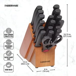 Farberware Never Needs Sharpening High-Carbon Stainless Steel Knife Block Set with Non-Slip Handles, 18 Piece, Black