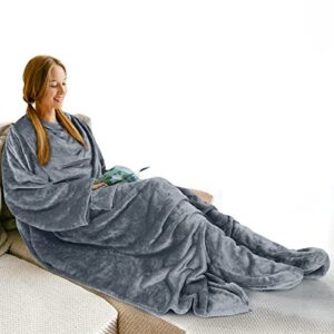wearable fleece blanket with sleeves and foot pocket for adult women men, super soft cozy microplush tv blanket throw wrap cover for lounge couch reading watching tv
