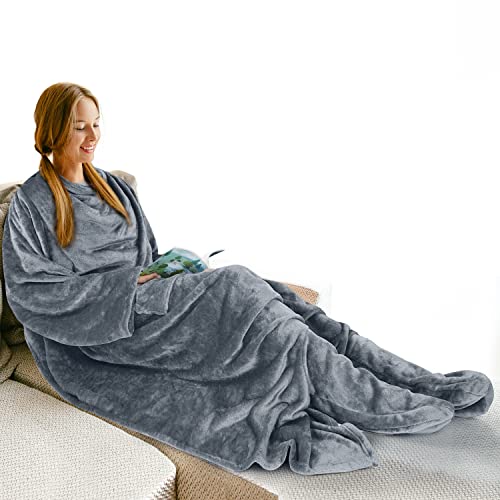 Wearable Fleece Blanket with Sleeves and Foot Pocket for Adult Women Men, Super Soft Cozy Microplush TV Blanket Throw Wrap Cover for Lounge Couch Reading Watching TV