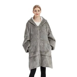 wearable blanket hoodie, oversized blanket sweatshirt for men women, warm thick cozy flannel blanket with zipper large pockets grey