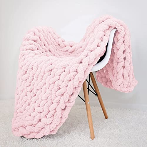 huraty Chunky Knit Blanket Light Pink Chenille Yarn Tight Chunky Knit Throw Blanket for Sofa Bed 39x39 Handmade Boho Bed Throw