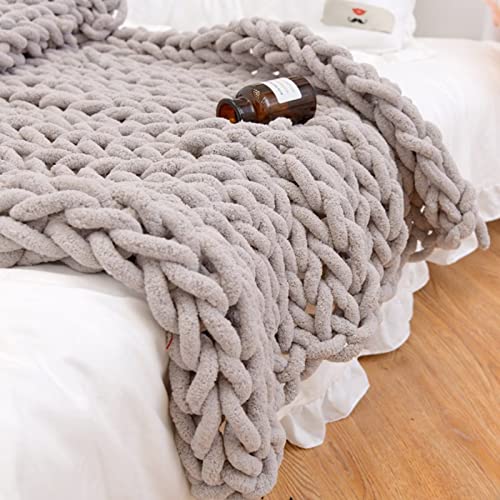 huraty Chunky Knit Blanket Light Pink Chenille Yarn Tight Chunky Knit Throw Blanket for Sofa Bed 39x39 Handmade Boho Bed Throw