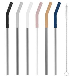 tronco set of 6 stainless steel reusable metal straws with silicone flex tips elbows cover, metal drinking straws for tronco tumbler , 6 steel straws,6 silicone tips,1 straw cleaning brush