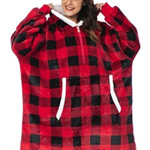 Fantaslook Wearable Blankets Quarter Zipper Blanket Hoodie Microfiber & Sherpa Oversized Sweatshirt for Women & Men（Checkered）