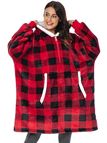 Fantaslook Wearable Blankets Quarter Zipper Blanket Hoodie Microfiber & Sherpa Oversized Sweatshirt for Women & Men（Checkered）