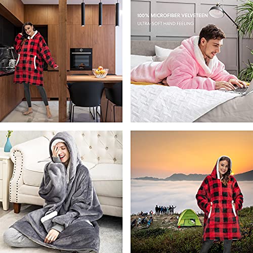 Fantaslook Wearable Blankets Quarter Zipper Blanket Hoodie Microfiber & Sherpa Oversized Sweatshirt for Women & Men（Checkered）