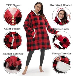 Fantaslook Wearable Blankets Quarter Zipper Blanket Hoodie Microfiber & Sherpa Oversized Sweatshirt for Women & Men（Checkered）