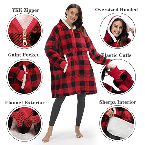 Fantaslook Wearable Blankets Quarter Zipper Blanket Hoodie Microfiber & Sherpa Oversized Sweatshirt for Women & Men（Checkered）