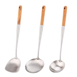 wok spatula and ladle,skimmer ladle tool set, 17inches spatula for wok, 304 stainless steel wok spatula.