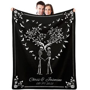 kvtiwee skull throw blanket custom name blanket, personalized spooky skeleton tree together forever flannel blanket, wedding or anniversary present, halloween goth wedding valentines day gift 50"x40"