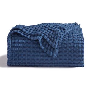 bedsure cooling bamboo waffle queen size blanket - soft, lightweight and breathable full blankets for hot sleepers, luxury cotton throws for bed, couch and sofa, navy 90x90inches