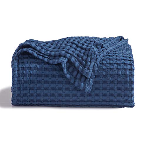 Bedsure Cooling Bamboo Waffle Queen Size Blanket - Soft, Lightweight and Breathable Full Blankets for Hot Sleepers, Luxury Cotton Throws for Bed, Couch and Sofa, Navy 90x90Inches