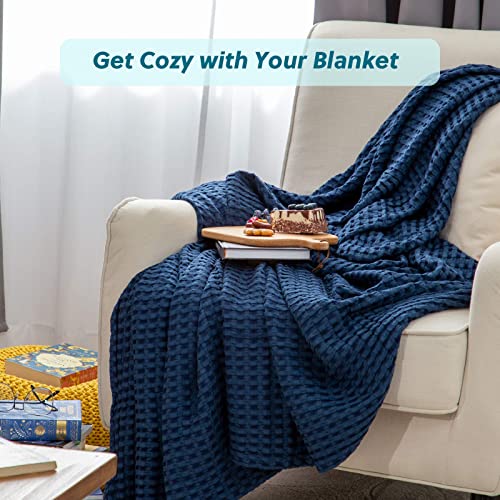 Bedsure Cooling Bamboo Waffle Queen Size Blanket - Soft, Lightweight and Breathable Full Blankets for Hot Sleepers, Luxury Cotton Throws for Bed, Couch and Sofa, Navy 90x90Inches