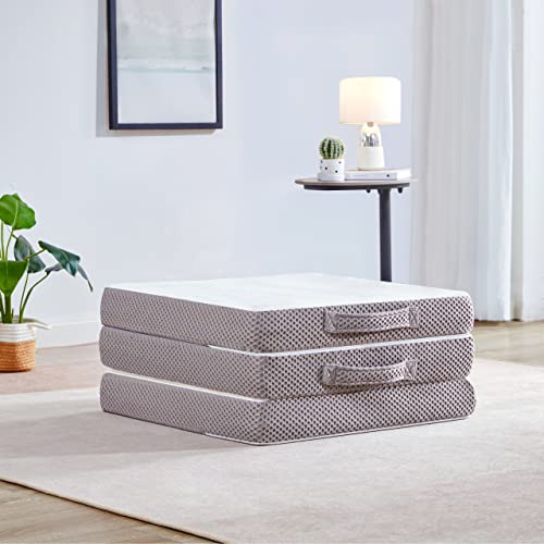 Kingfun Memory Foam Folding Mattress, 4 Inch Gel-Infused Foldable Floor Mattress, Breathable Tri-fold Mattress Topper with Bamboo Cover, Soft Folding Foldable Portable Floor Guest Bed (Single)
