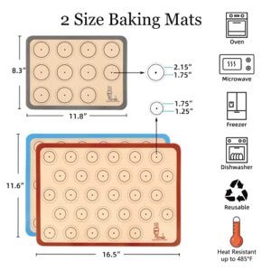 Silicone Baking Mat Macaron - Set of 3 (2 Half Sheet Liners and 1 Quarter Sheet), Non Stick Silicon Cookie Oven Liner For Macaroons, Bake Pans, Pizza, Toaster, Cake and Bread Making (Red,Blue,Gray)