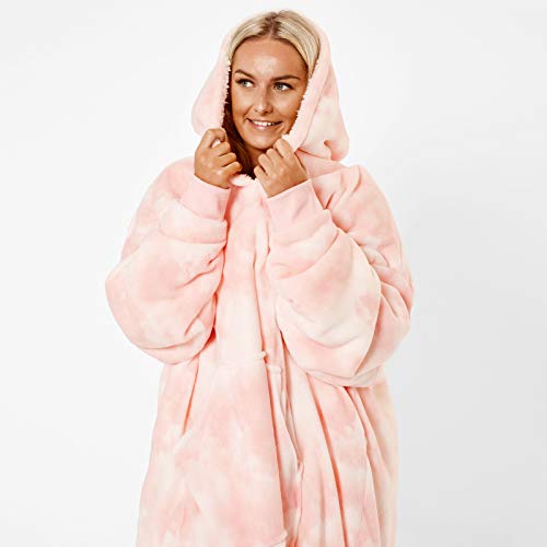 Dreamscene Tie Dye Pastel Hooded Hoodie Blanket Oversized Pullover Soft Sherpa Fleece Comfy Wearable Blanket Throw Giant Sweatshirt for Girls Teens Women Adults, One Size - Blush Pink