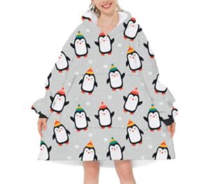 wearable blanket hoodie for women men adults, teens sherpa fleece oversized hooded sweatshirt blanket with pockets -cute penguin