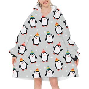 Wearable Blanket Hoodie for Women Men Adults, Teens Sherpa Fleece Oversized Hooded Sweatshirt Blanket with Pockets -Cute Penguin