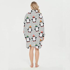 Wearable Blanket Hoodie for Women Men Adults, Teens Sherpa Fleece Oversized Hooded Sweatshirt Blanket with Pockets -Cute Penguin