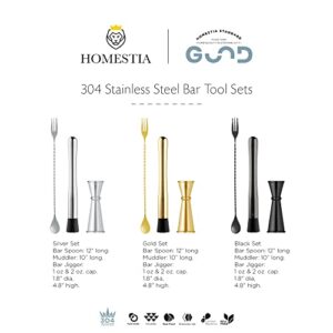 Homestia Stainless Steel Muddler for Cocktails Set, 10" Muddler and 12" Mixing Spoon with Cocktail Jigger, 3 Piece Bar Accessories Tools for Mojitos Making, Stirring, Fruit Drinks