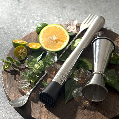 Homestia Stainless Steel Muddler for Cocktails Set, 10" Muddler and 12" Mixing Spoon with Cocktail Jigger, 3 Piece Bar Accessories Tools for Mojitos Making, Stirring, Fruit Drinks