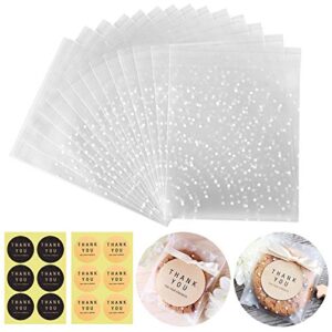 self adhesive cookie bags cellophane treat bags, searik white polka dot plastic pastry bags with thank you labels for party gift giving bakery candy cookie chocolate (3.94 x 3.94 inches, 100 pcs)