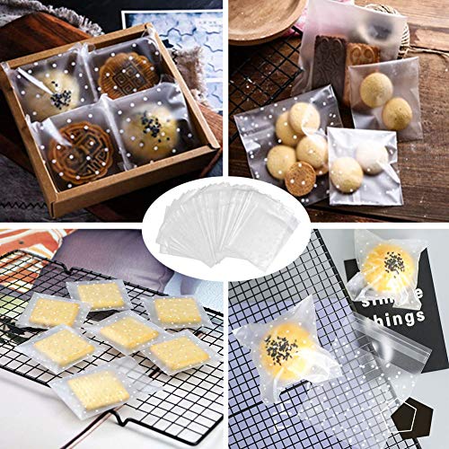 Self Adhesive Cookie Bags Cellophane Treat Bags, Searik White Polka Dot Plastic Pastry Bags with Thank You Labels for Party Gift Giving Bakery Candy Cookie Chocolate (3.94 x 3.94 Inches, 100 Pcs)