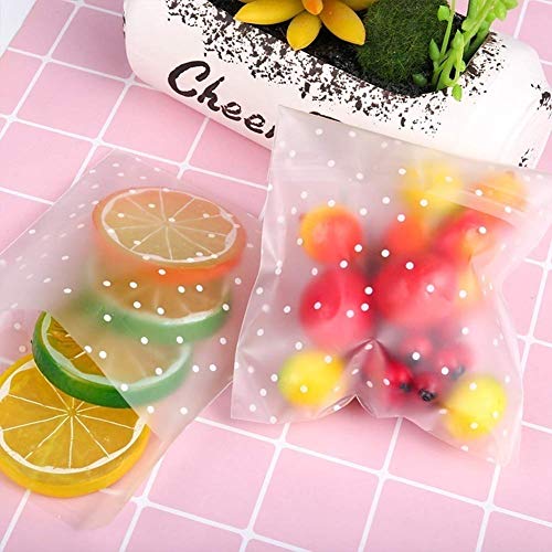 Self Adhesive Cookie Bags Cellophane Treat Bags, Searik White Polka Dot Plastic Pastry Bags with Thank You Labels for Party Gift Giving Bakery Candy Cookie Chocolate (3.94 x 3.94 Inches, 100 Pcs)