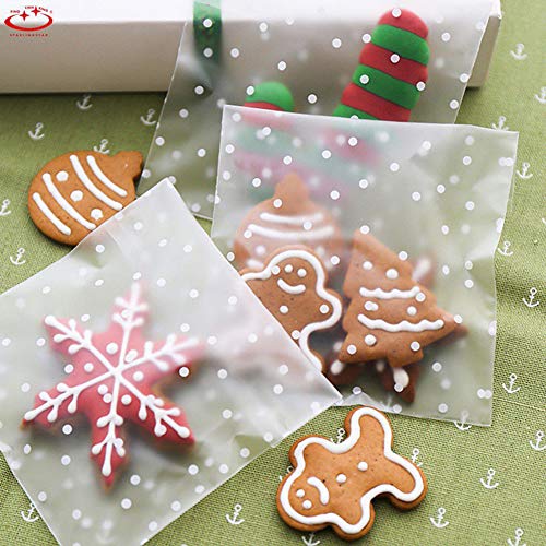 Self Adhesive Cookie Bags Cellophane Treat Bags, Searik White Polka Dot Plastic Pastry Bags with Thank You Labels for Party Gift Giving Bakery Candy Cookie Chocolate (3.94 x 3.94 Inches, 100 Pcs)