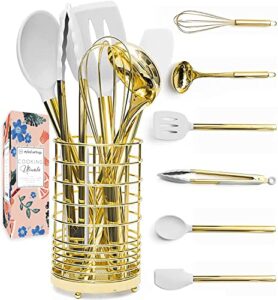 white silicone and gold cooking utensils set with holder- 7 pc gold kitchen utensils set includes gold whisk, gold spatula, white kitchen utensils and gold utensil holder- gold kitchen accessories