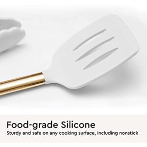White Silicone and Gold Cooking Utensils Set with Holder- 7 PC Gold Kitchen Utensils Set Includes Gold Whisk, Gold Spatula, White Kitchen Utensils and Gold Utensil Holder- Gold Kitchen Accessories