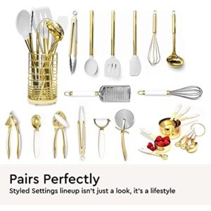 White Silicone and Gold Cooking Utensils Set with Holder- 7 PC Gold Kitchen Utensils Set Includes Gold Whisk, Gold Spatula, White Kitchen Utensils and Gold Utensil Holder- Gold Kitchen Accessories